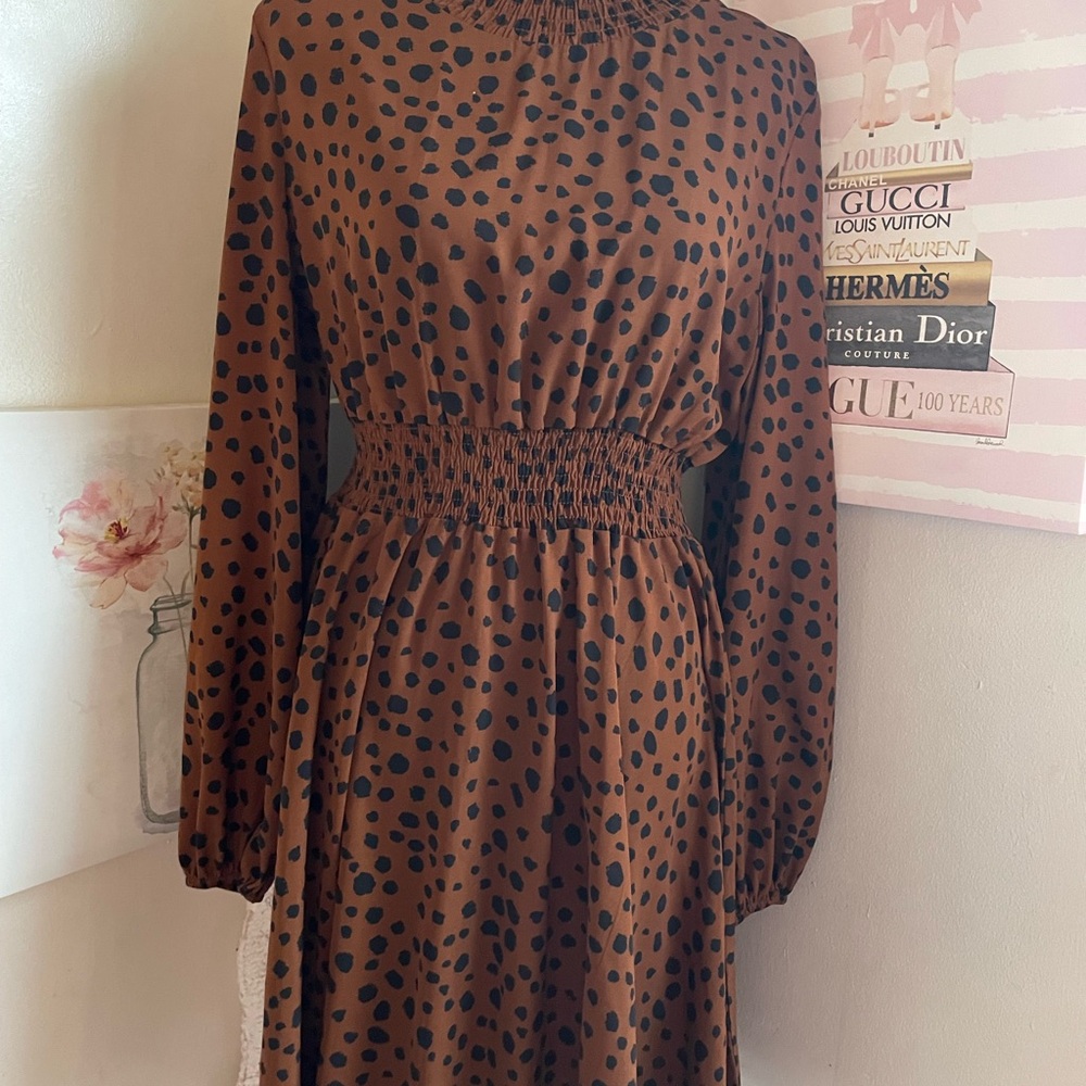 SHEIN Brown Long Sleeve Dress with Black Dots